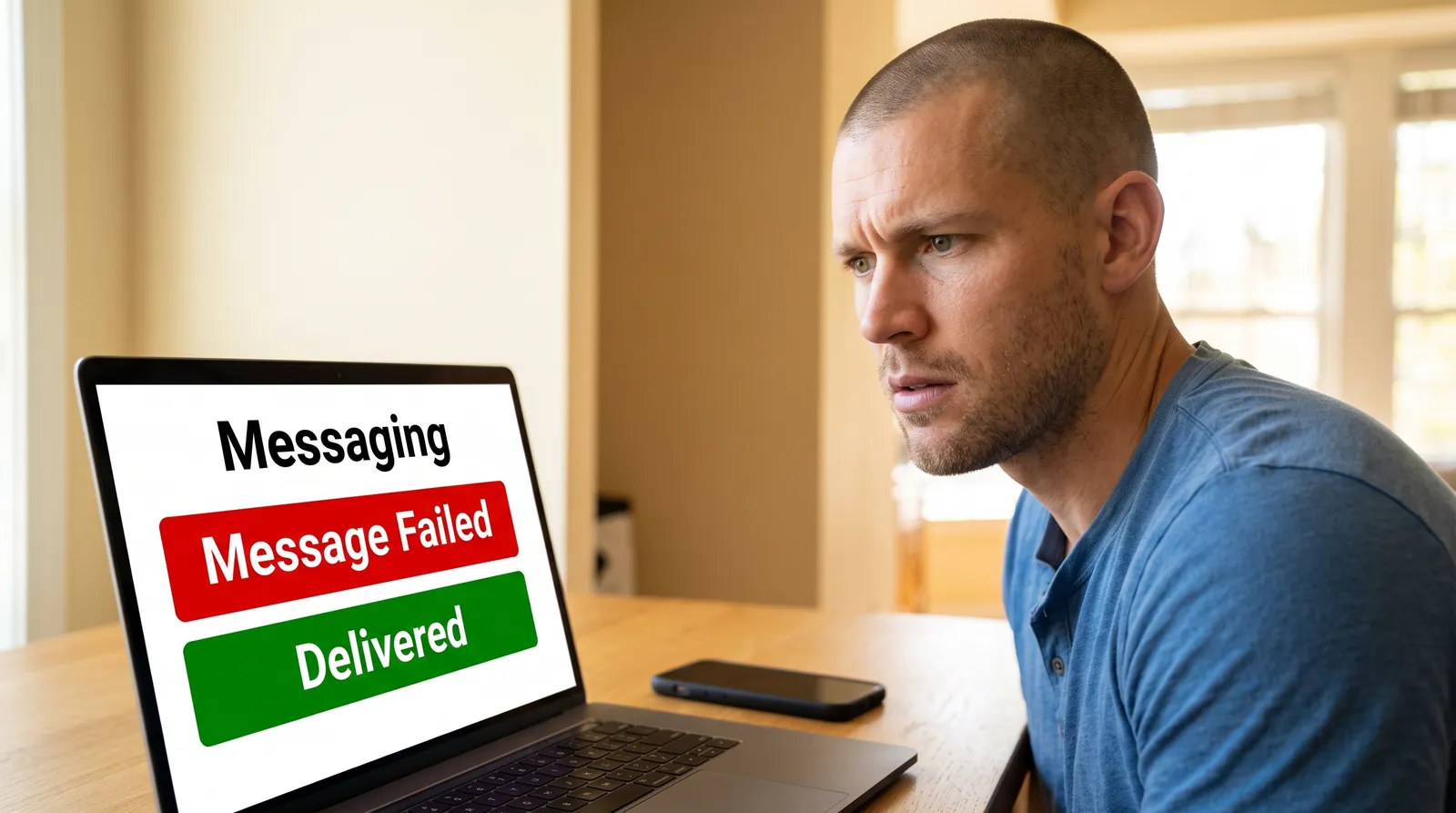 Mike Moore, founder of TheAffordableAI, frowning at a laptop screen showing a simple messaging dashboard with a red Message Failed banner stacked above a green Delivered banner, representing an insurance agency's business texts silently failing without A2P 10DLC registration