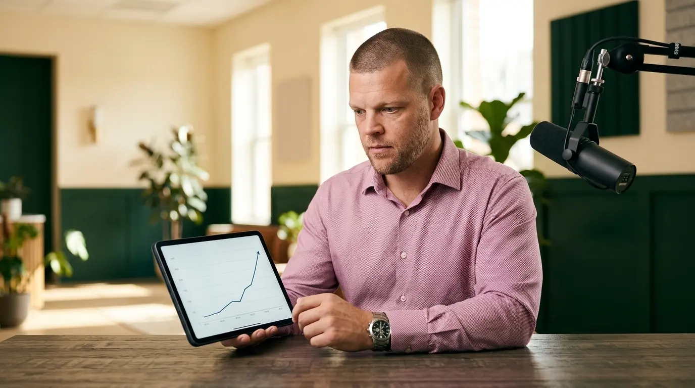 Mike Moore, founder of TheAffordableAI, reviewing a tablet showing a sharp upward trend line at his desk in a warm cream and forest-green office