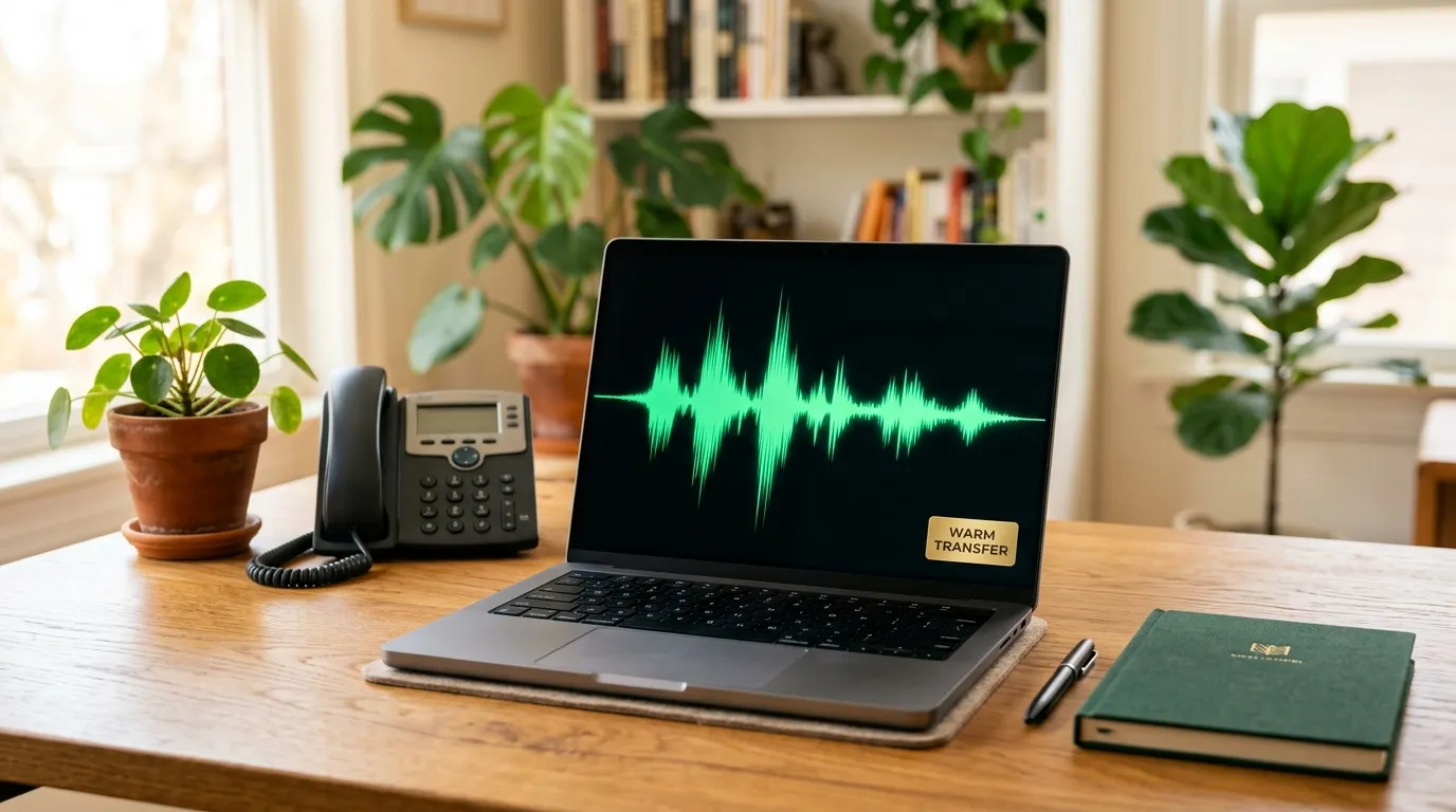 A laptop on a warm wood desk displaying a large glowing emerald voice waveform and a gold Warm Transfer badge, with a phone handset, notebook, and plants beside it, representing an AI caller mid-transfer