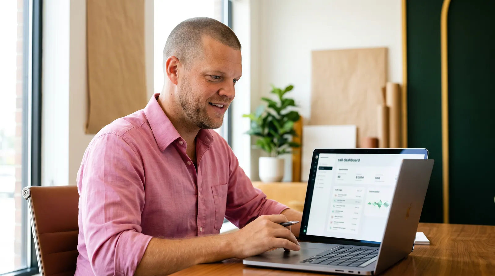 Mike Moore, founder of TheAffordableAI, at a wood desk reviewing a call dashboard showing outbound annuity lead calls and warm transfer status, an emerald voice waveform on the screen