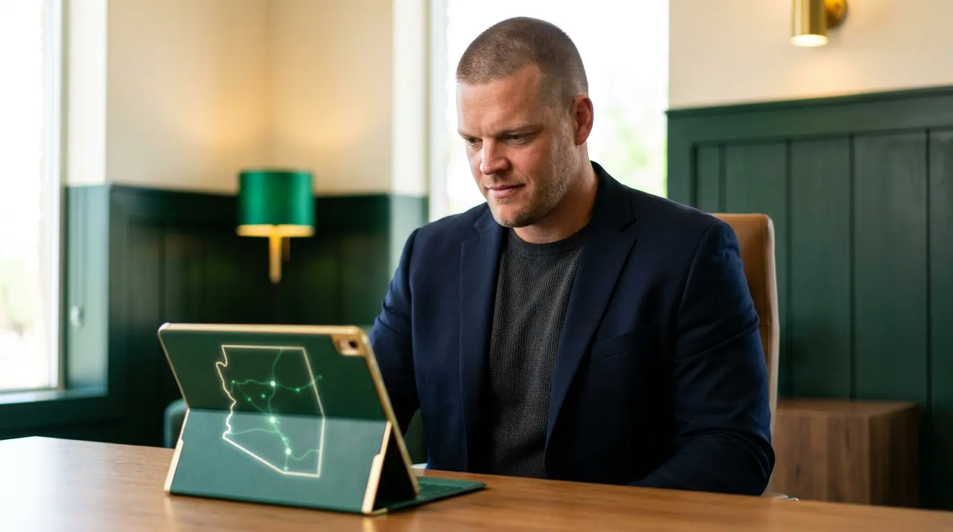 Mike Moore, founder of TheAffordableAI, at a wood desk reviewing a tablet showing an Arizona-shaped outline overlaid with a call compliance checklist, in a warm cream and forest-green office