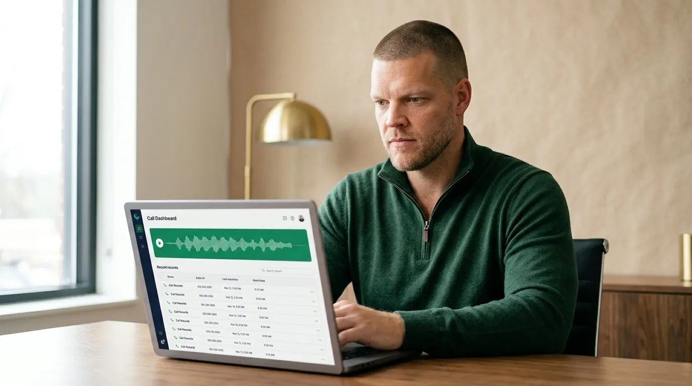 Mike Moore, founder of TheAffordableAI, at a wood desk reviewing a call dashboard showing a stack of outbound auto insurance lead calls and connect status, an emerald voice waveform on the screen