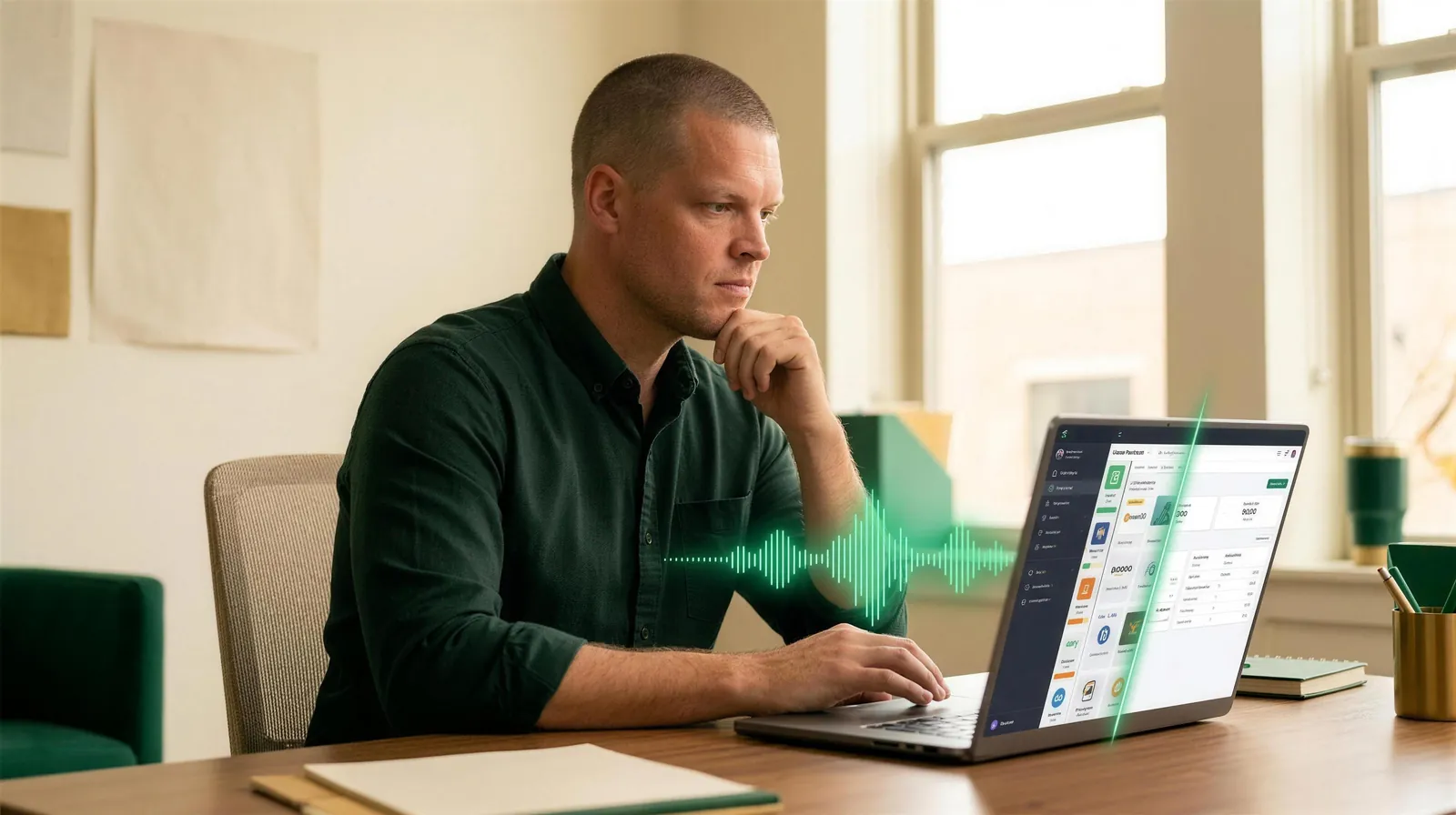 Mike Moore at a desk comparing a tangle of separate vendor dashboards for telephony, speech-to-text, and text-to-speech against one clean managed calling dashboard, an emerald voice waveform between them, representing the build versus buy decision for an insurance agency's AI voice agent