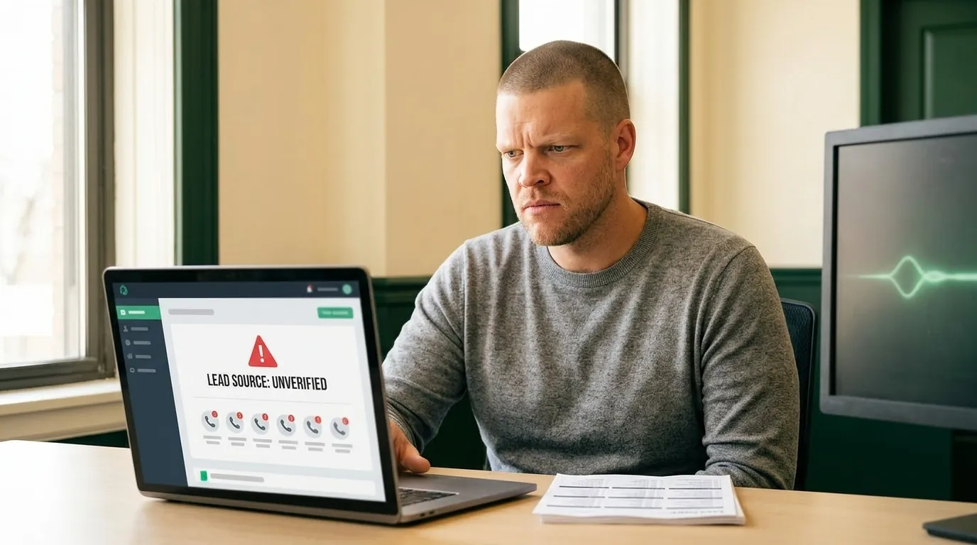 Mike Moore, founder of TheAffordableAI, frowning skeptically at a laptop screen displaying a dashboard with a red warning triangle and the words Lead Source Unverified above a row of small phone icons, with a stack of printed lead sheets on the desk and a faint emerald voice waveform glowing on a second monitor, representing an insurance agent scrutinizing a purchased lead vendor's consent