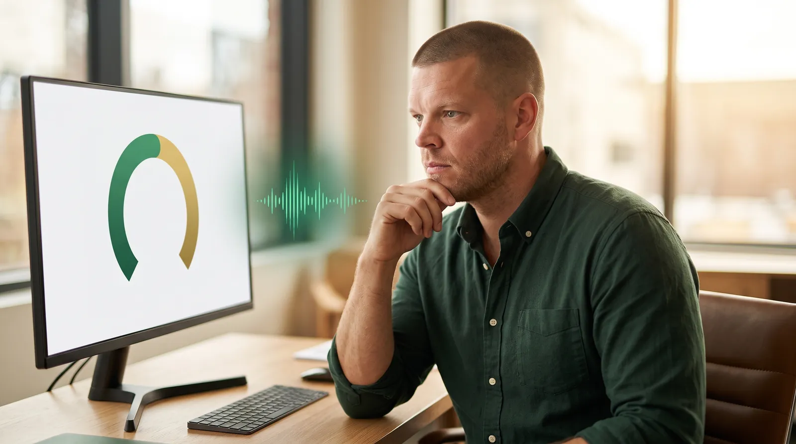 Mike Moore reviewing a call abandonment rate compliance dashboard on a monitor next to a glowing emerald voice waveform, representing FTC and FCC abandoned call rate rules for insurance agency dialers