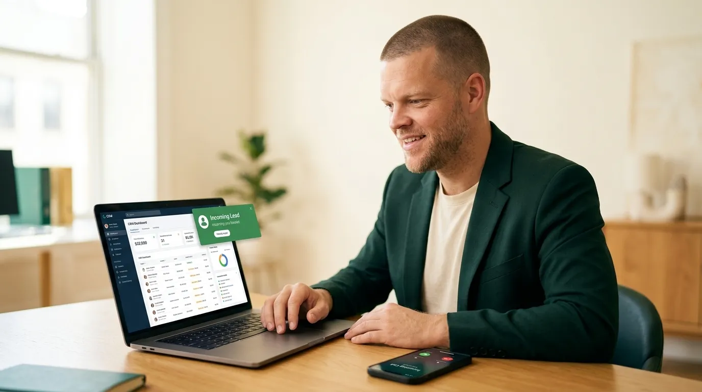 An insurance agency founder at a wood desk looking at a laptop showing a CRM dashboard with an incoming lead notification, while his smartphone lights up with an incoming call, representing a Facebook Instant Form lead about to be called
