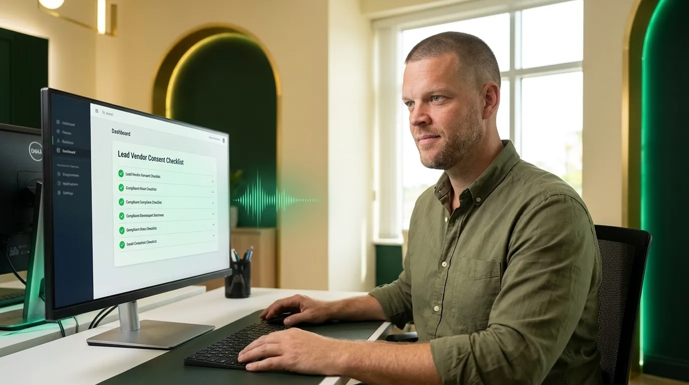 Mike Moore at a desk reviewing a lead vendor consent audit checklist on a monitor next to a glowing emerald voice waveform, representing TCPA prior express written consent compliance for insurance lead buyers