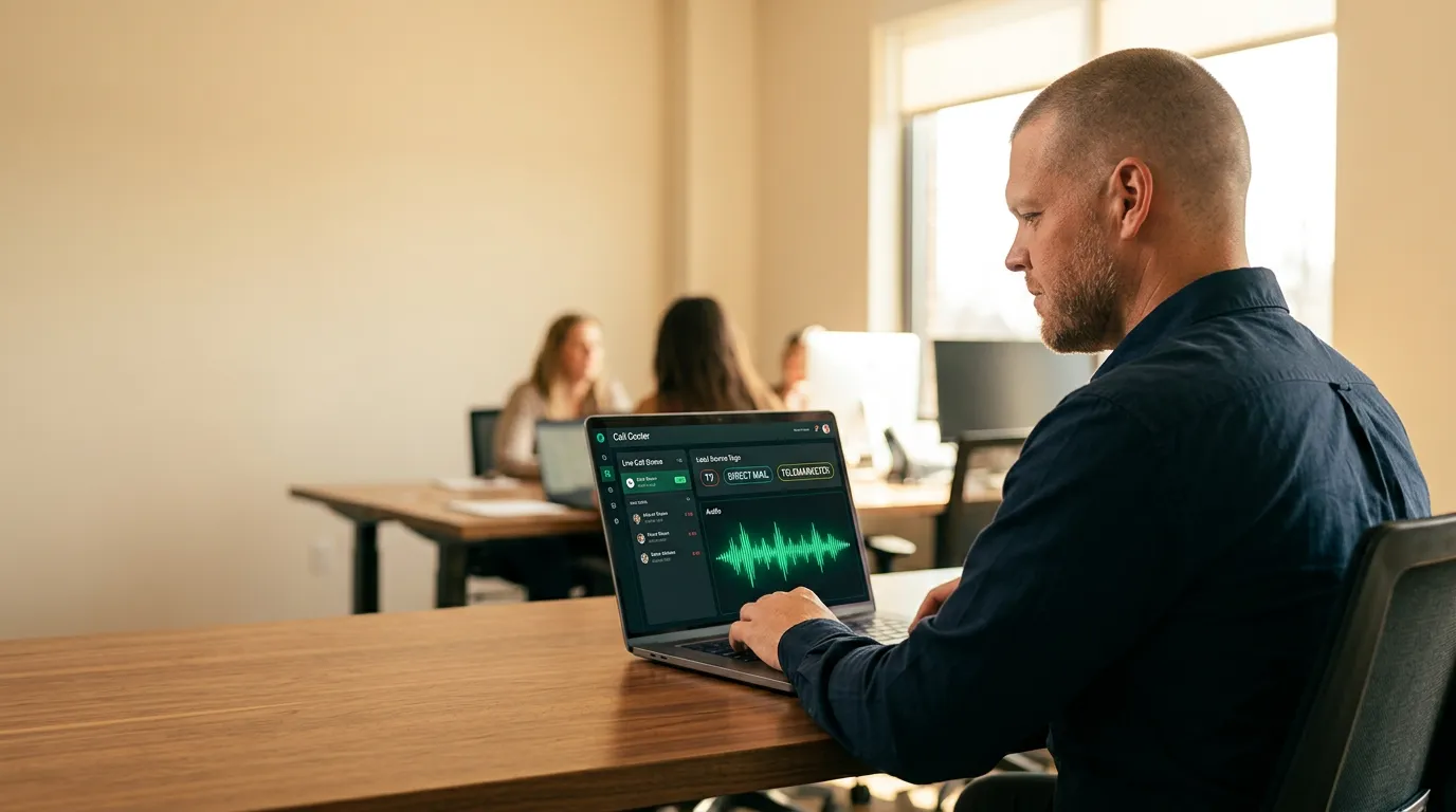 Mike Moore, founder of TheAffordableAI, at a wood desk reviewing a call dashboard showing a final expense lead queue with channel tags for TV, direct mail, and telemarketed leads, an emerald voice waveform on the screen