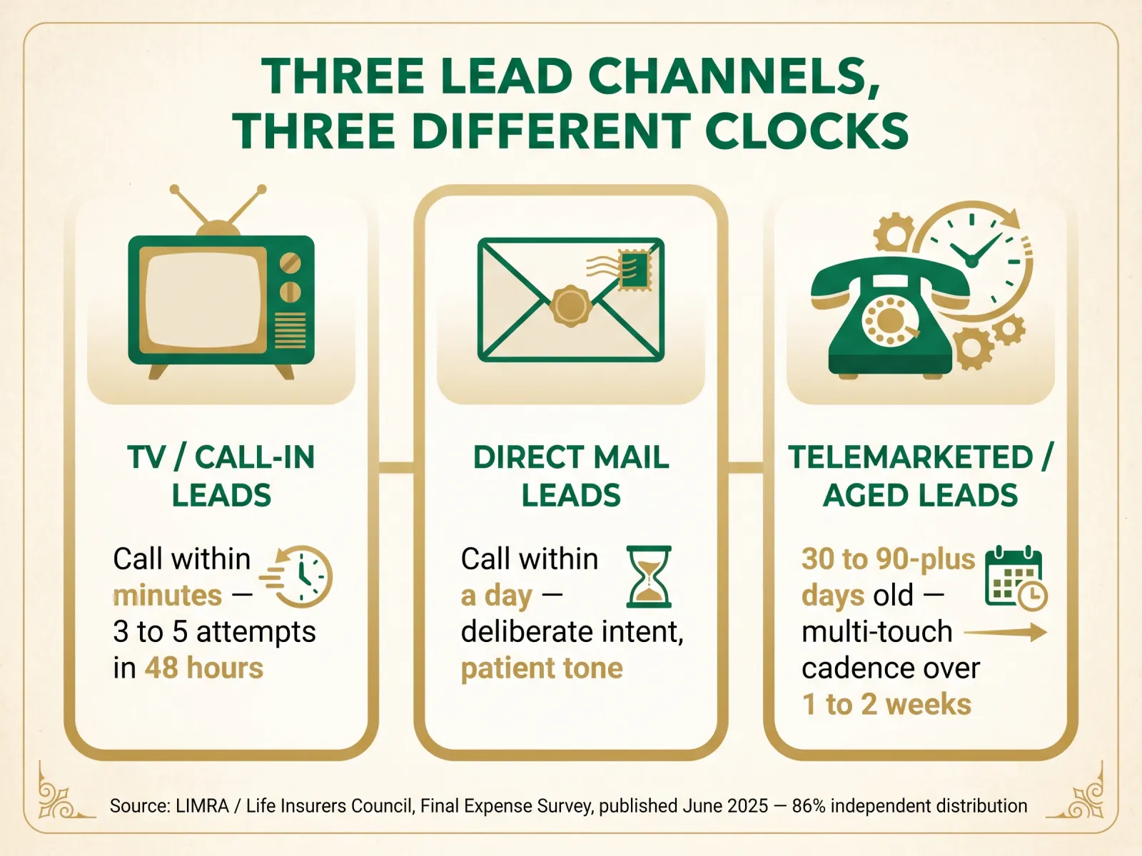 Infographic titled Three Lead Channels, Three Different Clocks comparing TV and call-in leads calling immediately within minutes, direct mail leads calling within a day with a patient tone, and telemarketed or aged leads calling on a multi-touch cadence over one to two weeks, sourced to the LIMRA Life Insurers Council 2024 Final Expense Survey published June 2025 showing 86 percent independent distribution