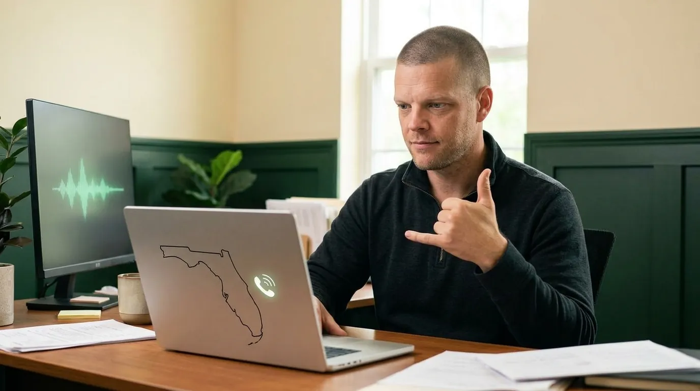 Mike Moore, founder of TheAffordableAI, at his desk with a laptop showing a glowing outline of the state of Florida and a phone icon, representing Florida Telephone Solicitation Act compliance for insurance agents