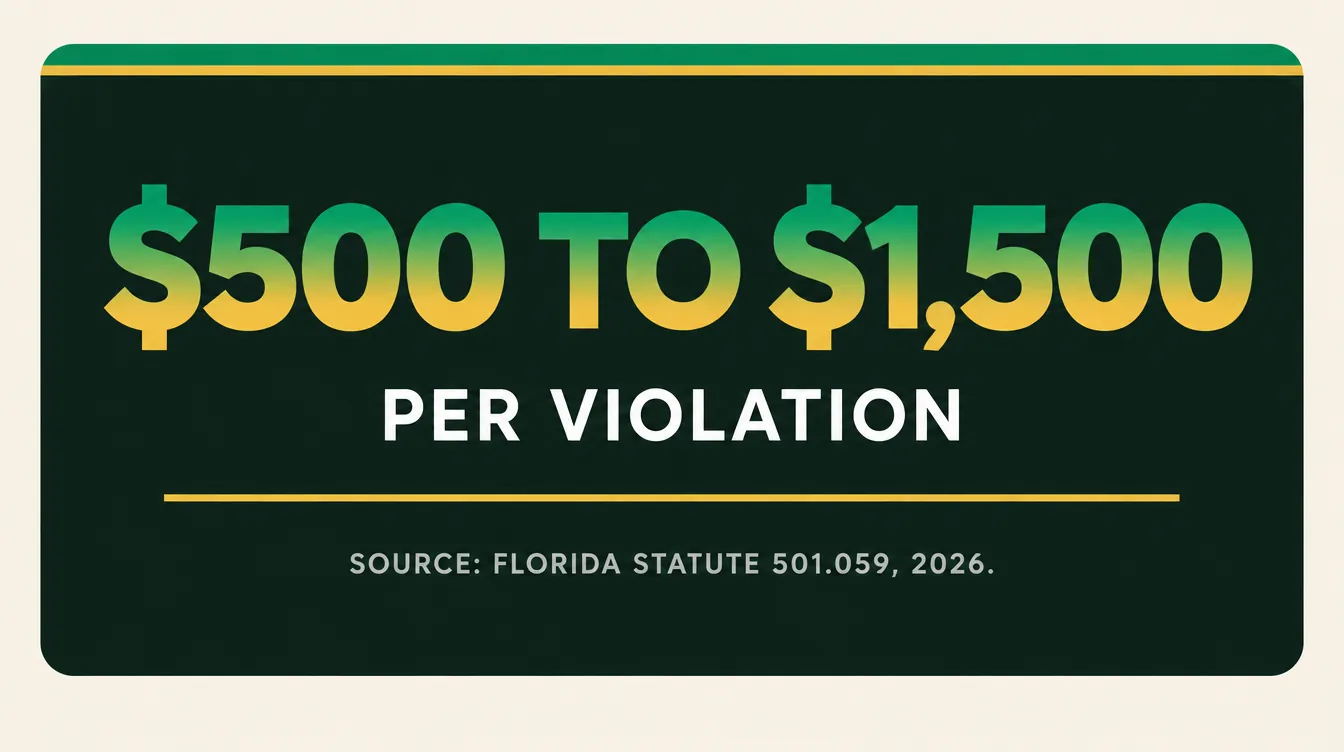 Stat card reading $500 to $1,500 per violation, sourced to Florida Statute 501.059, 2026, showing the statutory damages range under Florida's Telephone Solicitation Act