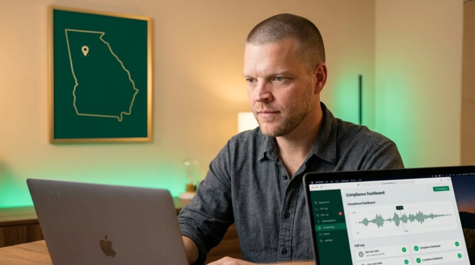 A man with closely buzzed hair and light stubble sits at a desk reviewing a laptop screen showing a call log and compliance dashboard, with a warm emerald-and-gold toned Georgia state outline graphic on the wall behind him, representing an insurance agency reviewing its outbound calling compliance