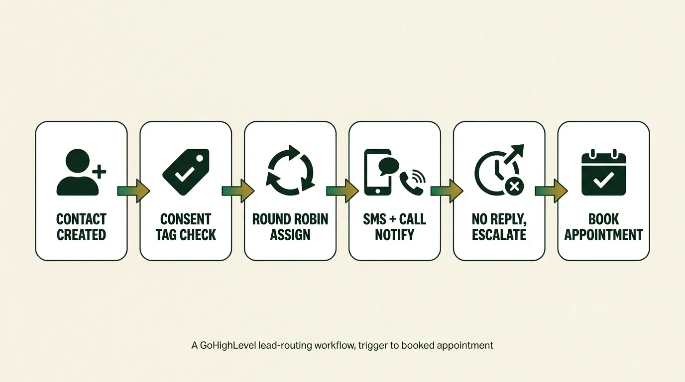 A six-step flowchart of a GoHighLevel lead-routing workflow: Contact Created, Consent Tag Check, Round Robin Assign, SMS + Call Notify, No Reply Escalate, and Book Appointment, showing the full trigger-to-booked-appointment path