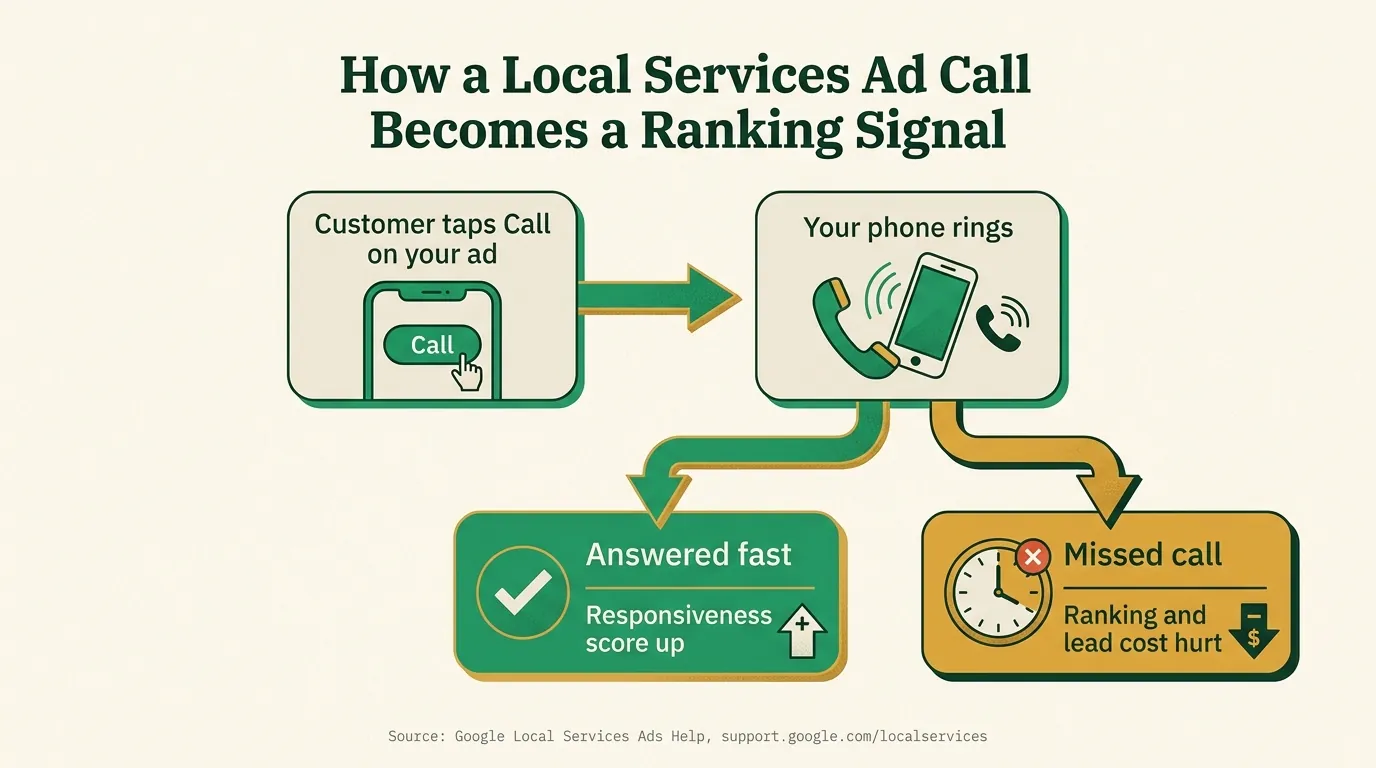 Flow diagram titled How a Local Services Ad Call Becomes a Ranking Signal, showing a customer tapping Call on the ad, the agent's phone ringing, then splitting into two paths: answered fast leading to responsiveness score up, or missed call leading to ranking and lead cost hurt, sourced to Google Local Services Ads Help at support.google.com/localservices