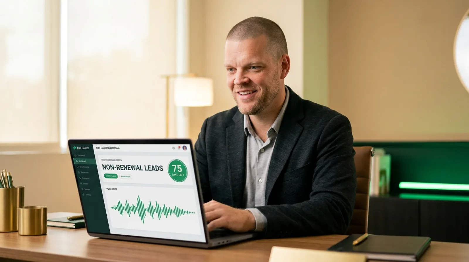 Mike Moore, founder of TheAffordableAI, at a wood desk reviewing a call dashboard showing a homeowners insurance non-renewal lead queue with a 75-day countdown timer, an emerald voice waveform on the screen