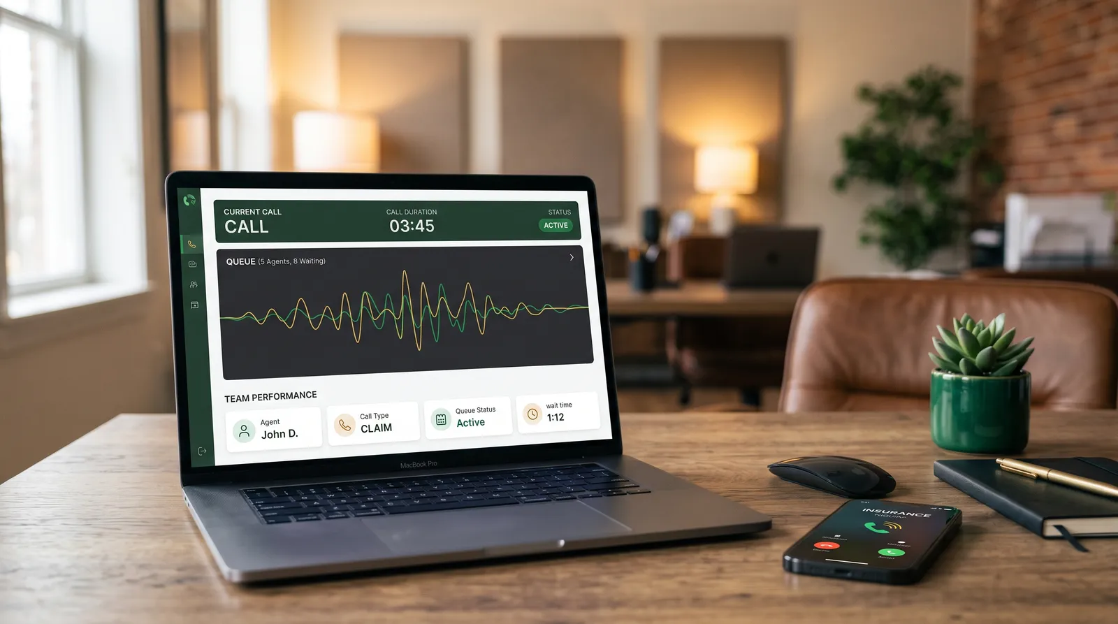 A laptop on a wood desk showing a live call dashboard with an audio waveform, agent queue status, and call duration, next to a smartphone lit up with an incoming insurance call, representing an agency's AI-assisted calling workflow
