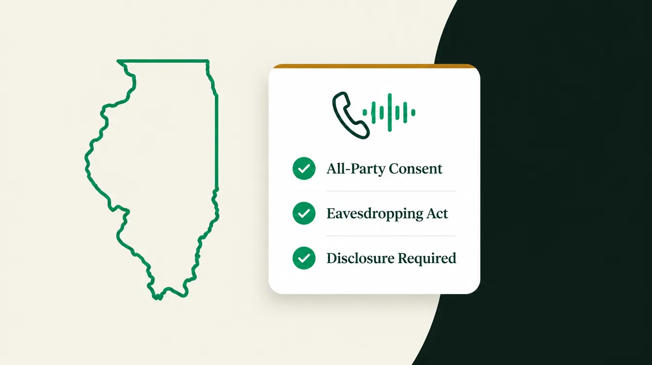 Editorial graphic showing an outline map of Illinois next to a compliance card listing All-Party Consent, Eavesdropping Act, and Disclosure Required, representing Illinois call recording law for insurance agents