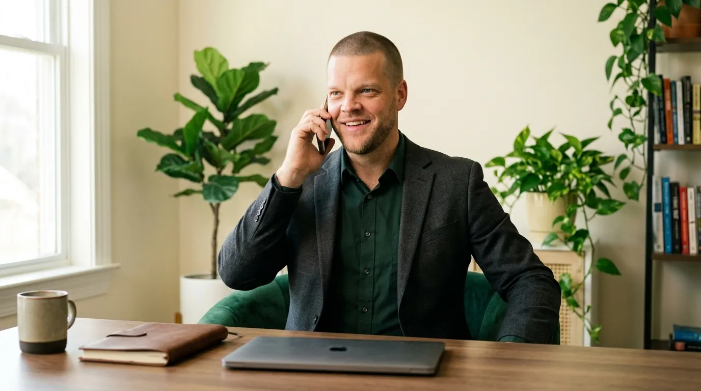 Mike Moore, founder of TheAffordableAI, on a phone call at his desk in a warm cream and forest-green office with a notebook and coffee nearby