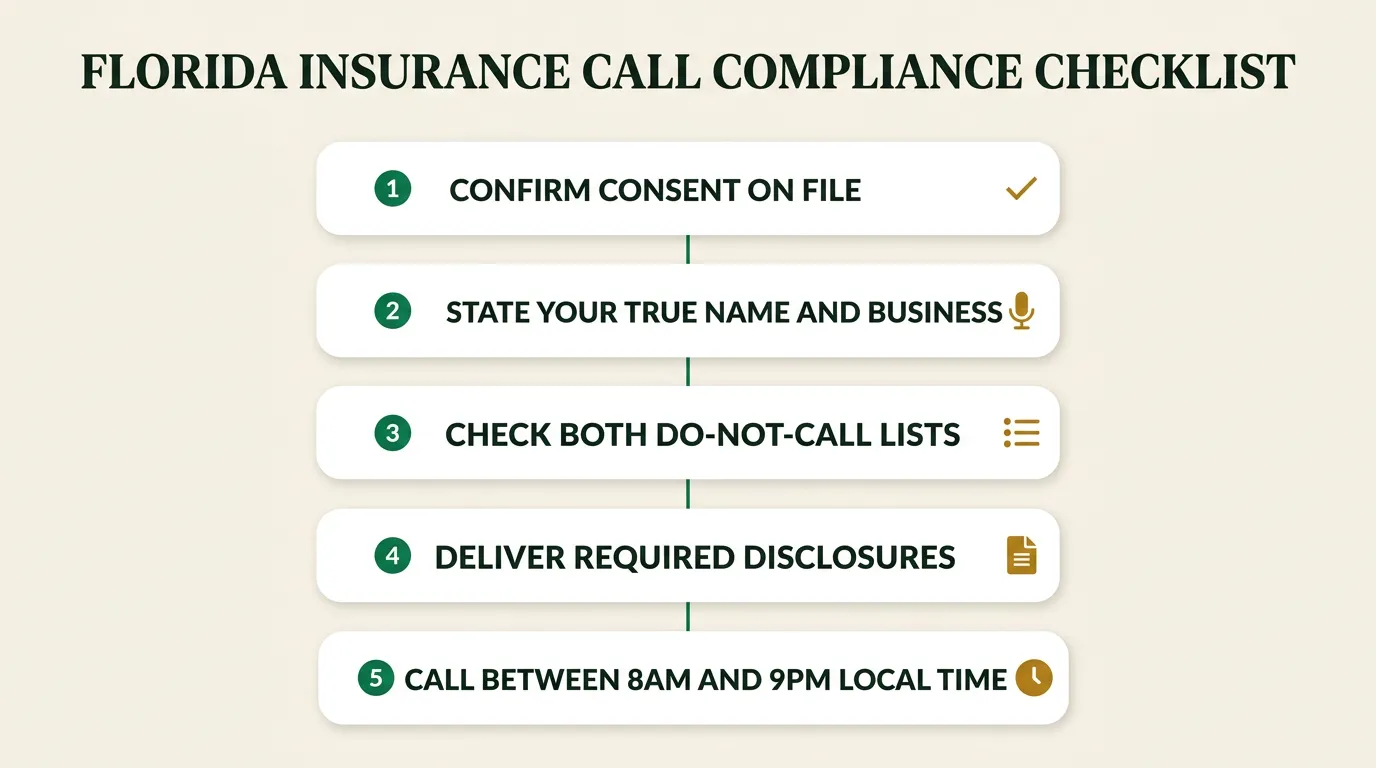 An infographic titled Florida Insurance Call Compliance Checklist showing five numbered steps: confirm consent on file, state your true name and business, check both do-not-call lists, deliver required disclosures, and call between 8am and 9pm local time