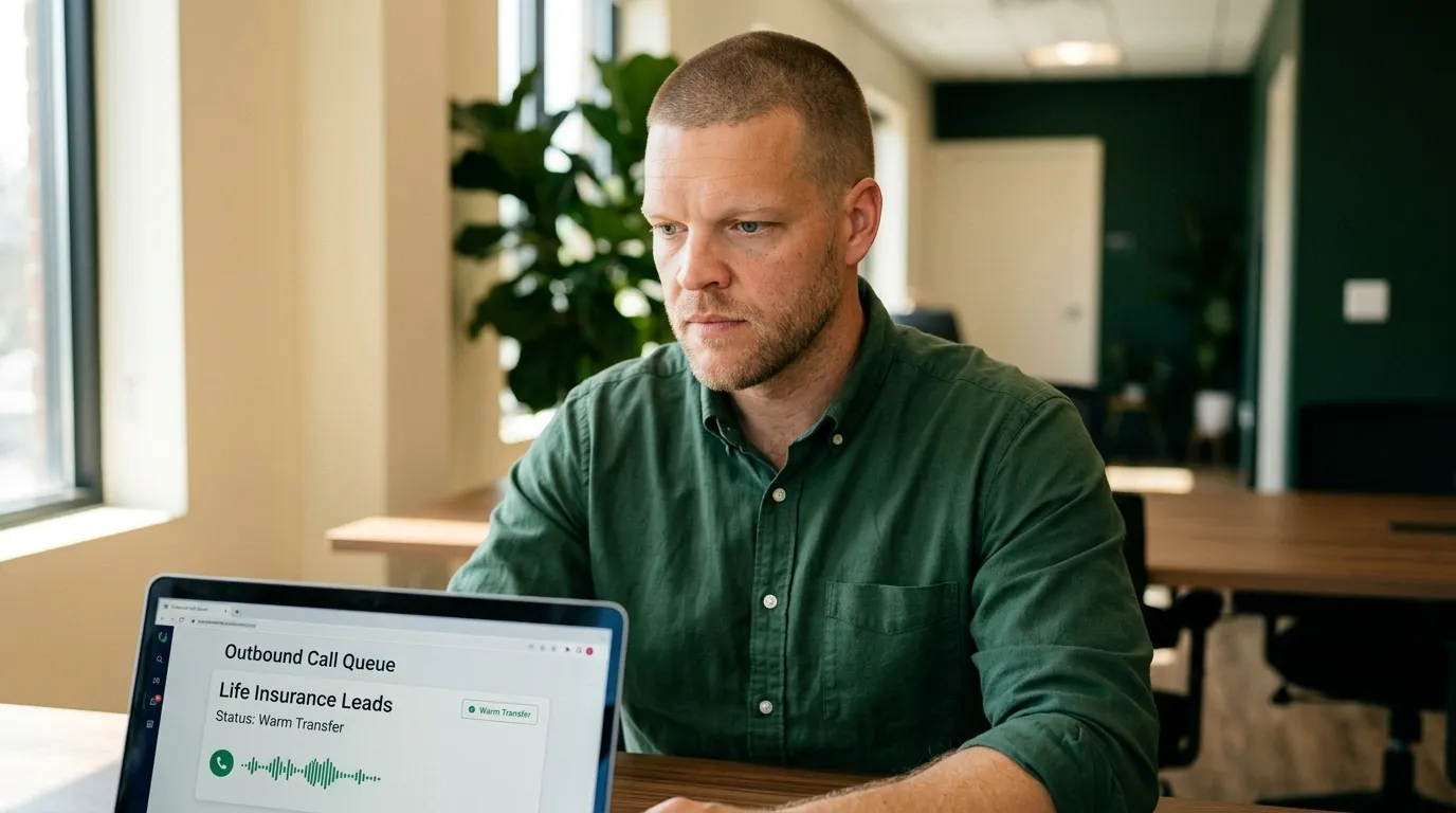 Mike Moore, founder of TheAffordableAI, at a wood desk reviewing a call dashboard showing outbound life insurance lead calls and warm transfer status, an emerald voice waveform on the screen