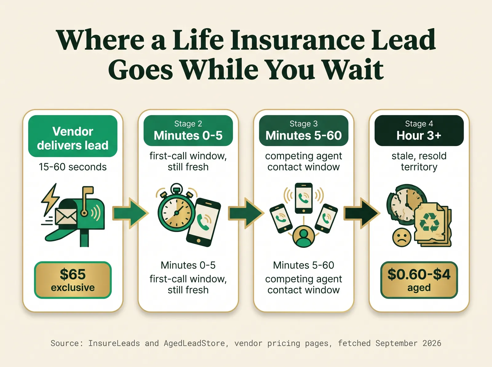 Infographic titled Where a Life Insurance Lead Goes While You Wait, showing a timeline from lead capture through the 15 to 60 second vendor delivery window, minutes 0 to 5 first-call window, minutes 5 to 60 competing agent contact window, and hour 3 plus stale and resold territory, with life insurance lead price tiers of 0.60 dollars aged, 10 to 50 dollars shared real-time, and 65 dollars exclusive labeled at each stage, sourced to InsureLeads and AgedLeadStore vendor pricing pages