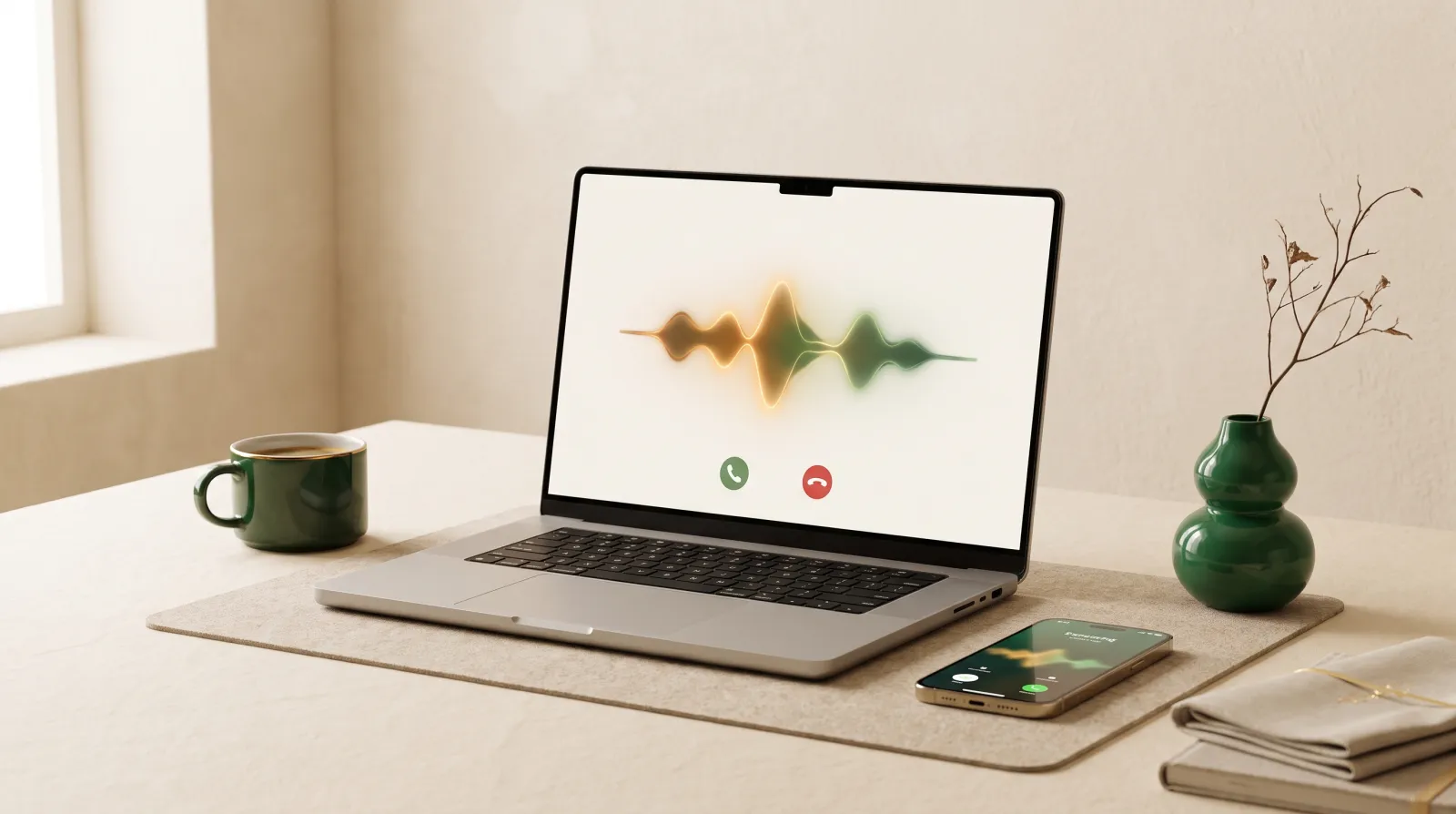 A laptop on a warm-toned desk showing a large glowing amber-to-green audio waveform with green accept and red decline call icons, next to a smartphone lying on the desk with its screen lit up showing an incoming call, representing an insurance agency's outbound dialing setup
