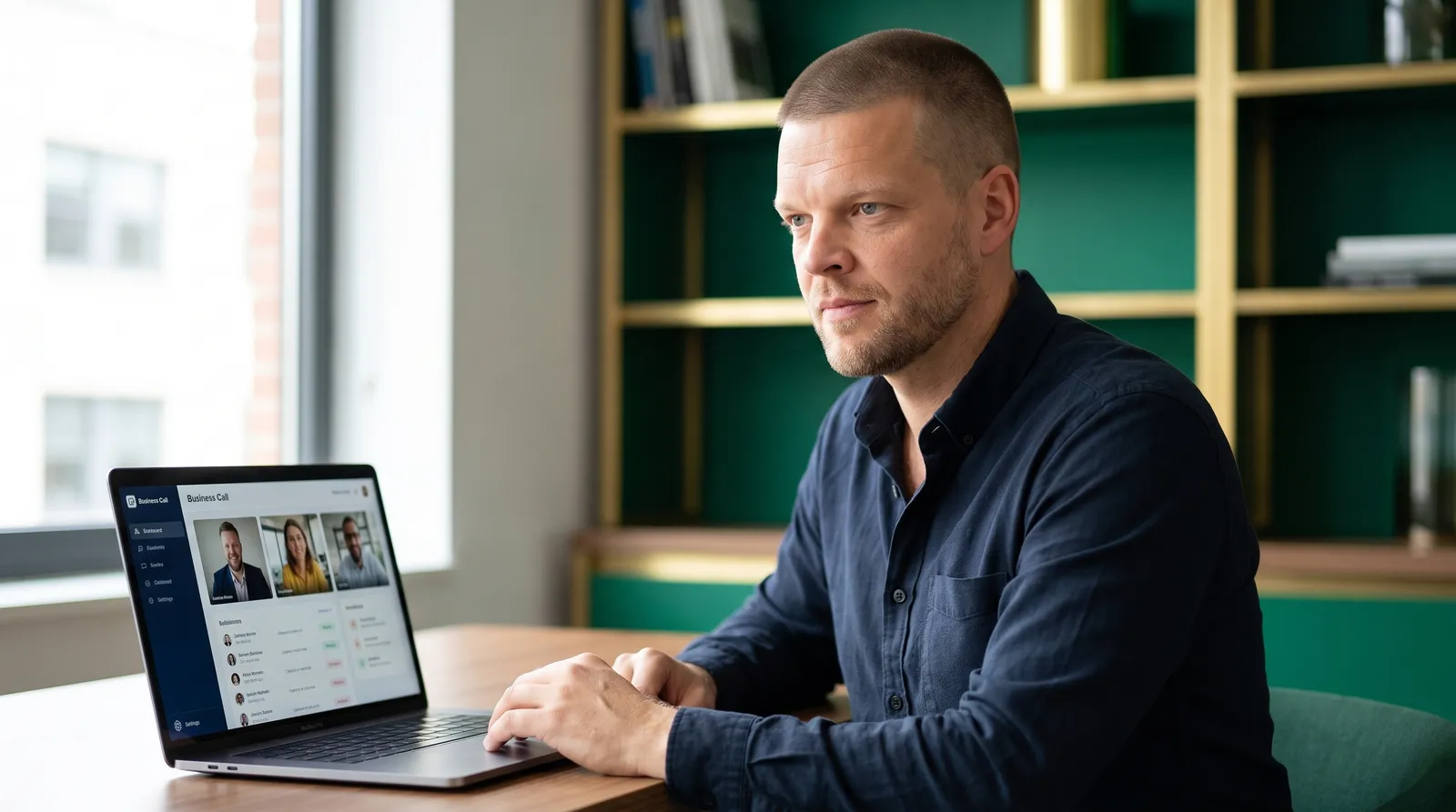 Mike Moore, founder of TheAffordableAI, at a wood desk reviewing a call dashboard showing Medicare Supplement lead calls spread across a 12-month calendar rather than a single enrollment season, an emerald voice waveform on the screen