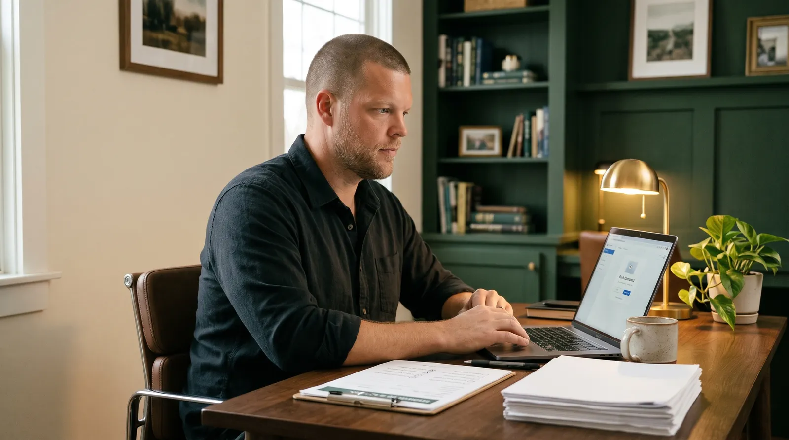 Mike Moore at a wooden desk in a warm cream and forest-green home office, reviewing a call dashboard on a laptop beside a printed intake form with a checked request-a-callback box, representing an insurance agent checking whether a Medicare lead counts as solicited contact
