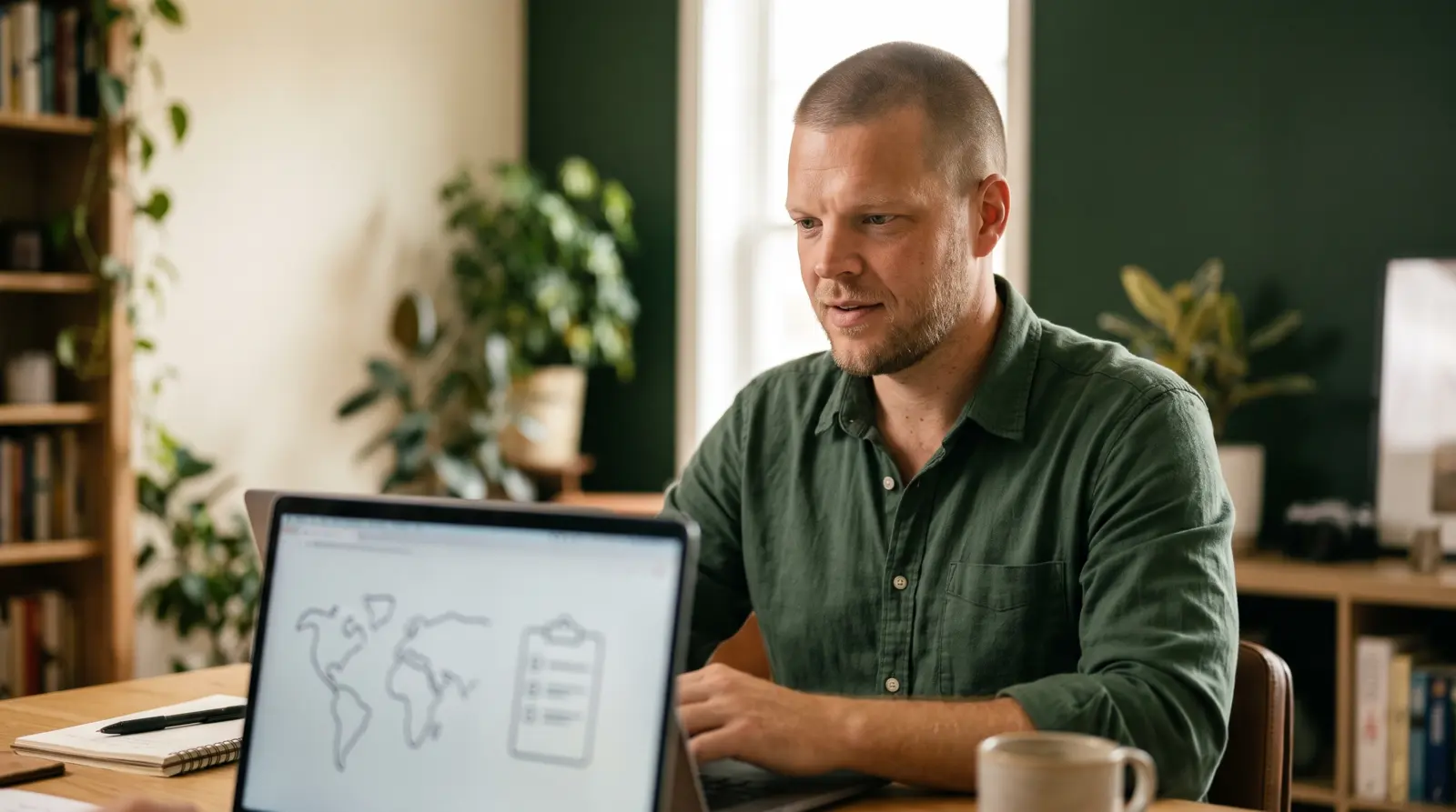 Mike Moore, founder of TheAffordableAI, with closely buzzed short hair and light stubble, working at a laptop in a warm cream and forest-green home office, reviewing a call list and a compliance checklist