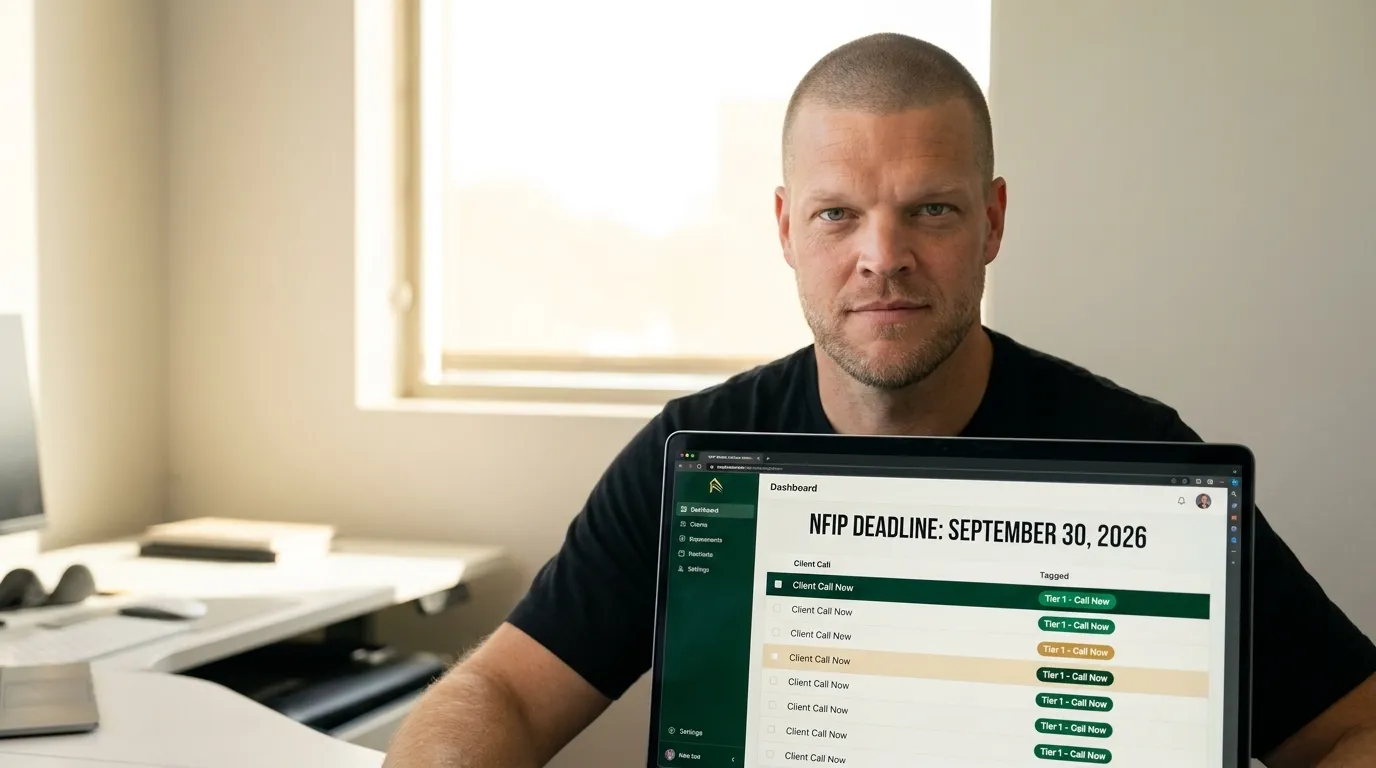 Mike Moore, founder of TheAffordableAI, at his desk with a countdown to the September 30, 2026 NFIP deadline and a call queue of flood insurance clients on screen