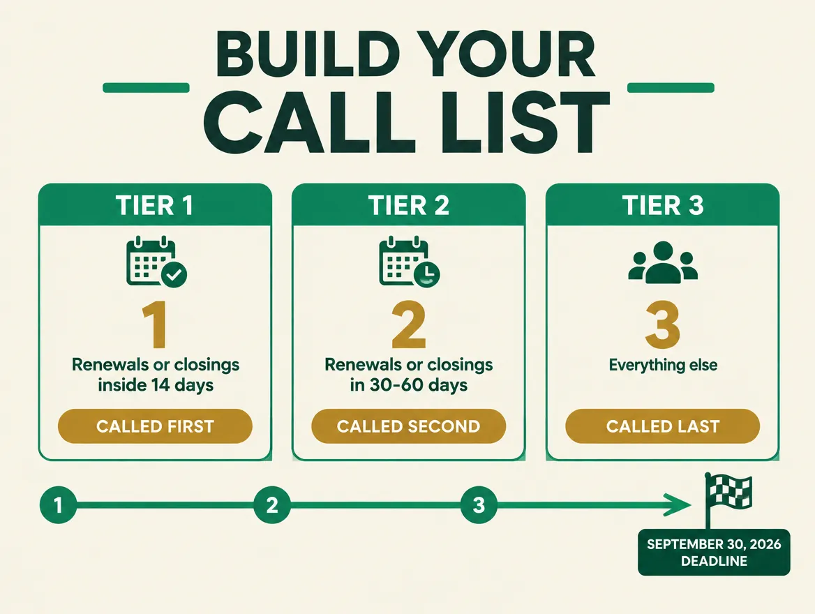 Infographic showing the three-tier call triage process for an NFIP deadline book: Tier 1, renewals or closings inside 14 days, called first; Tier 2, renewals or closings in 30 to 60 days, called second; Tier 3, everything else, called last; with the September 30, 2026 deadline marked as the finish line.