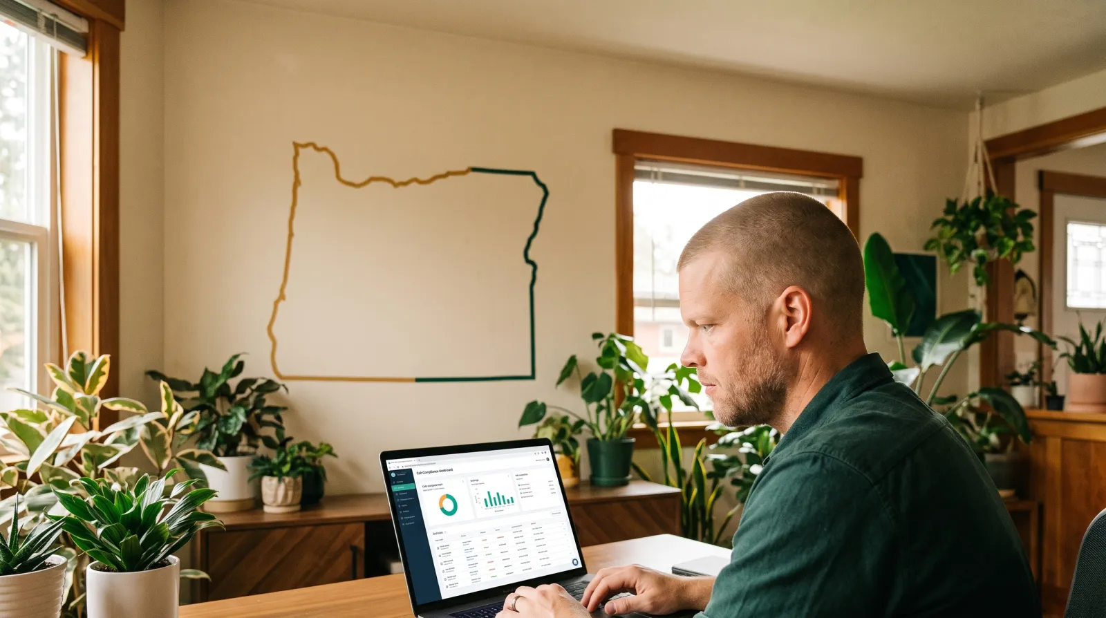 Mike Moore, founder of TheAffordableAI, reviewing a laptop showing a call compliance dashboard with a clock reading 8pm and an Oregon state outline graphic on the wall behind him, representing an insurance agency reviewing its outbound calling and texting hours ahead of Oregon's new telemarketing law