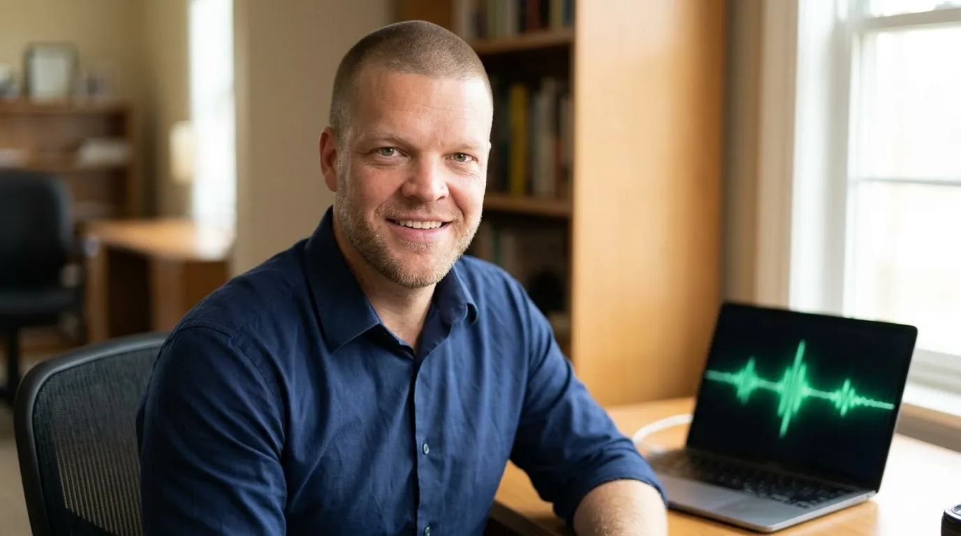 Mike Moore, founder of TheAffordableAI, at his desk reviewing a call center vendor contract beside a laptop showing a live AI call queue dashboard with an emerald voice waveform