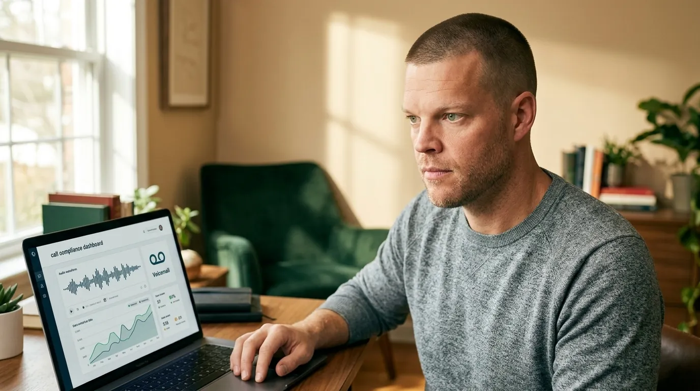 Mike Moore, founder of TheAffordableAI, reviewing a laptop showing a call compliance dashboard with an audio waveform and a voicemail icon, in a warm plant-filled home office, representing an insurance agency reviewing whether its ringless voicemail campaigns are TCPA compliant