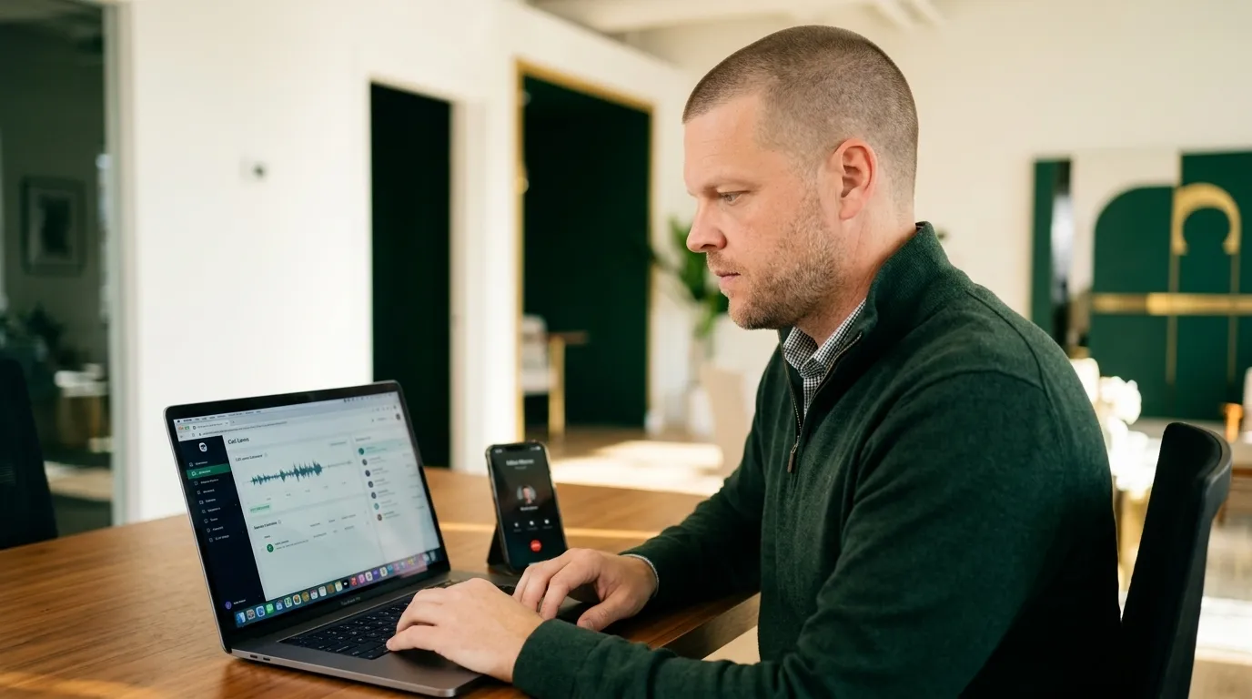 An insurance agency owner at a wood desk reviewing a live AI call dashboard on a laptop, showing an audio waveform and call queue, with a smartphone beside it lit up mid-call, representing an agency answering a shared insurance lead the moment it arrives