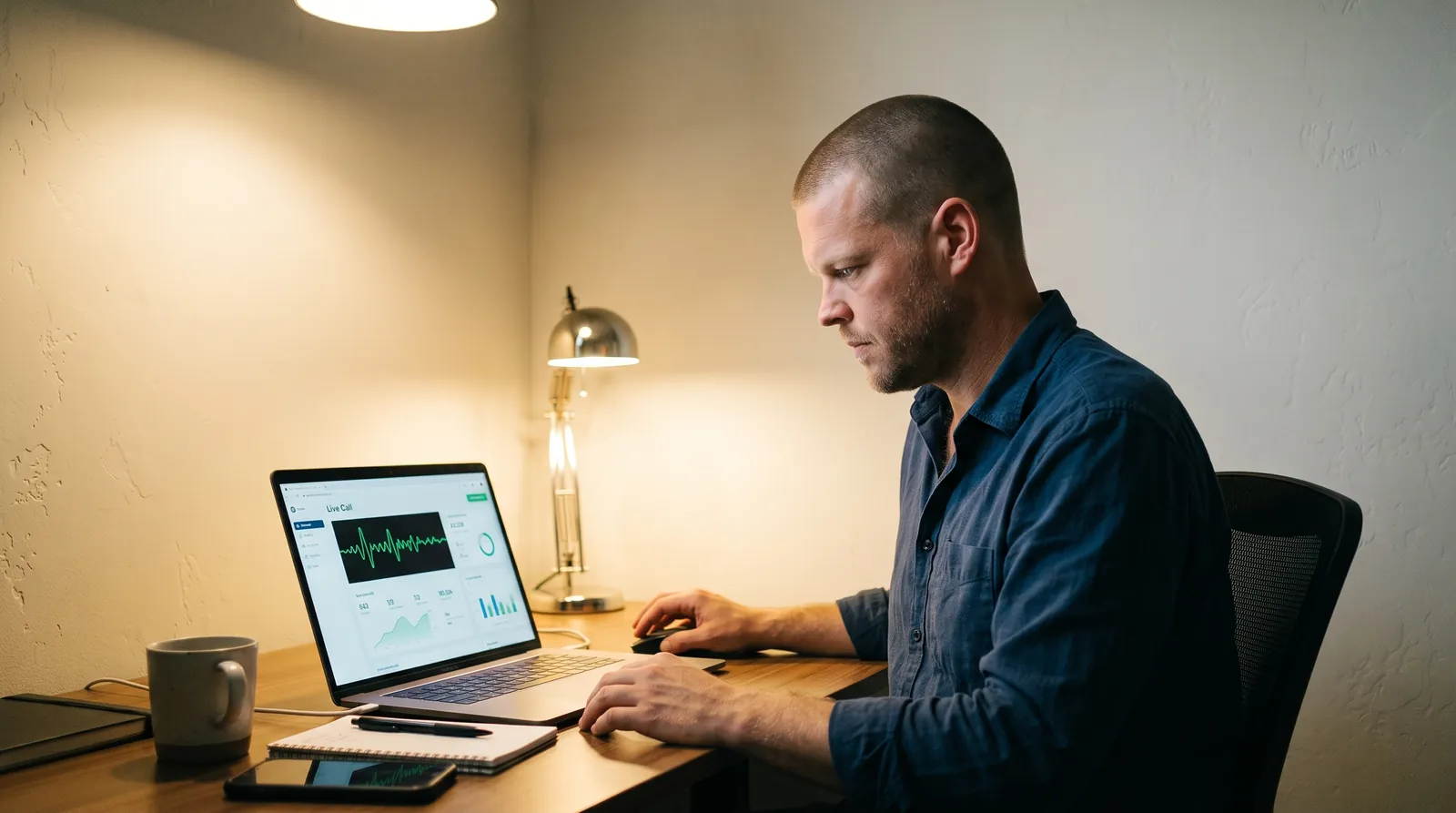 Mike Moore, founder of TheAffordableAI, at a wood desk reviewing a call dashboard showing outbound insurance calls with STIR/SHAKEN attestation labels A, B, and C, an emerald voice waveform on the screen