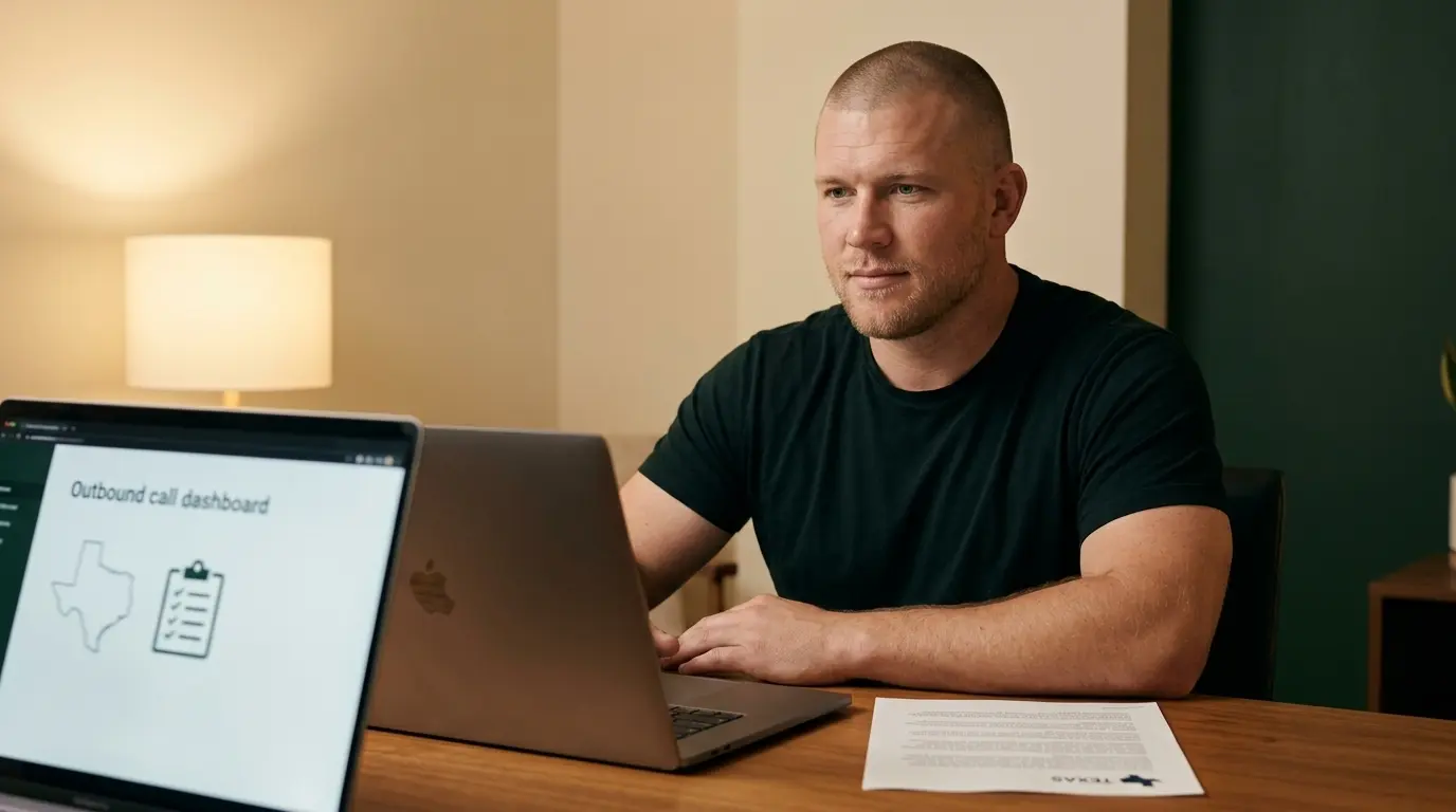 Mike Moore, founder of TheAffordableAI, at his desk reviewing a Texas-shaped outbound call dashboard next to a printed Texas Business and Commerce Code excerpt, representing an insurance agency checking whether its calls still qualify for Texas's state-licensee no-call exemption