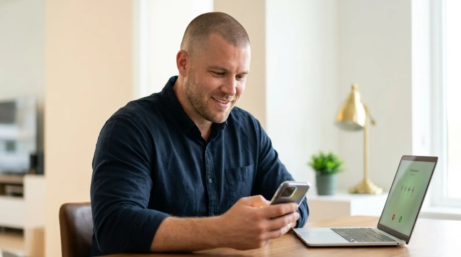 Mike Moore, founder of TheAffordableAI, smiling at his desk while checking a smartphone lighting up with an incoming call, laptop open beside him showing a call dashboard, representing an insurance lead calling in during Virginia's legal calling window